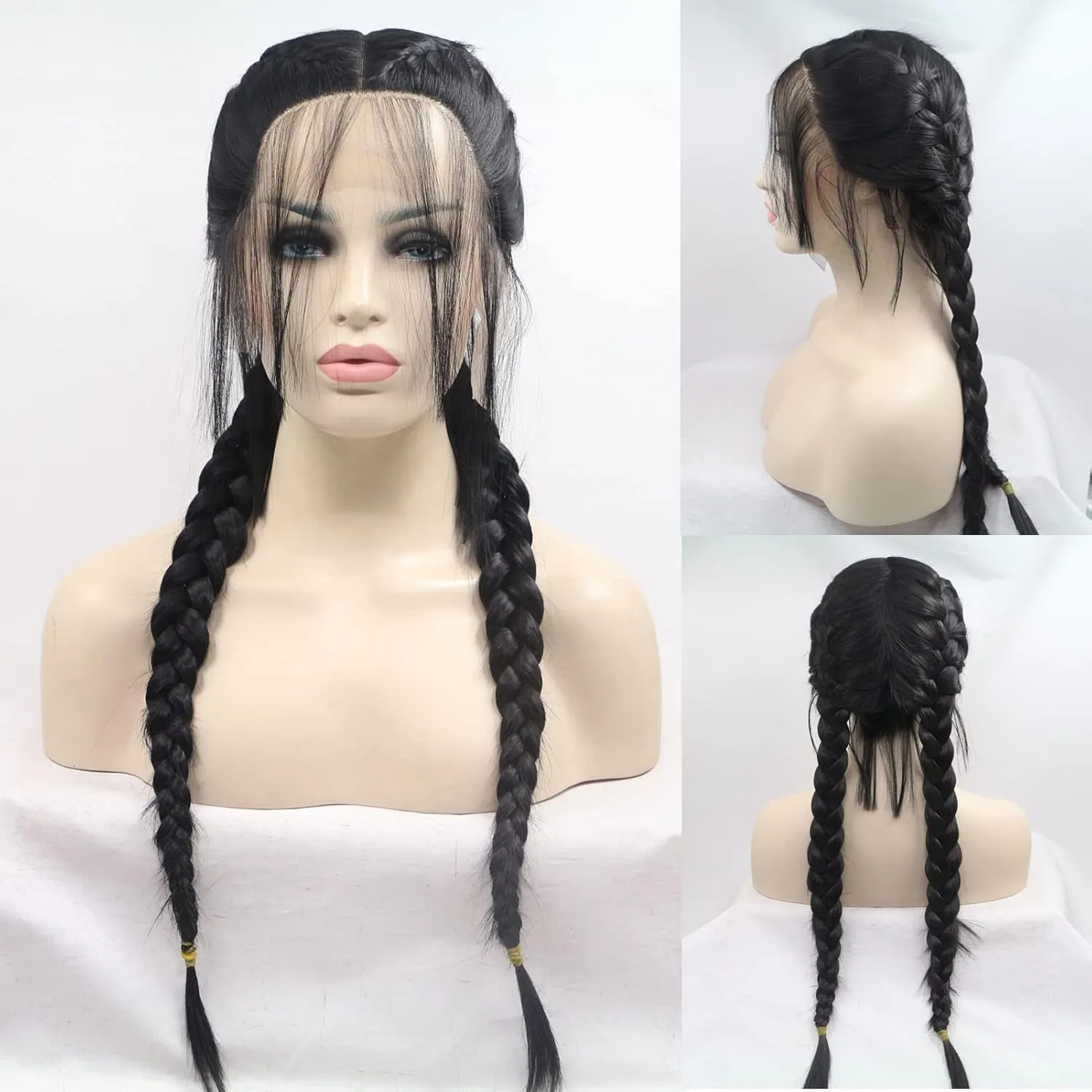 Black Twist Braided Wigs for Women Long Braided Lightweight Wigs Pre Plucked Hairline Realistic Full Lace Front Dutch Braids Hair Wig Glueless Synthetic Heat Resistant Cosplay Daily Drag Queen 22 Inch
