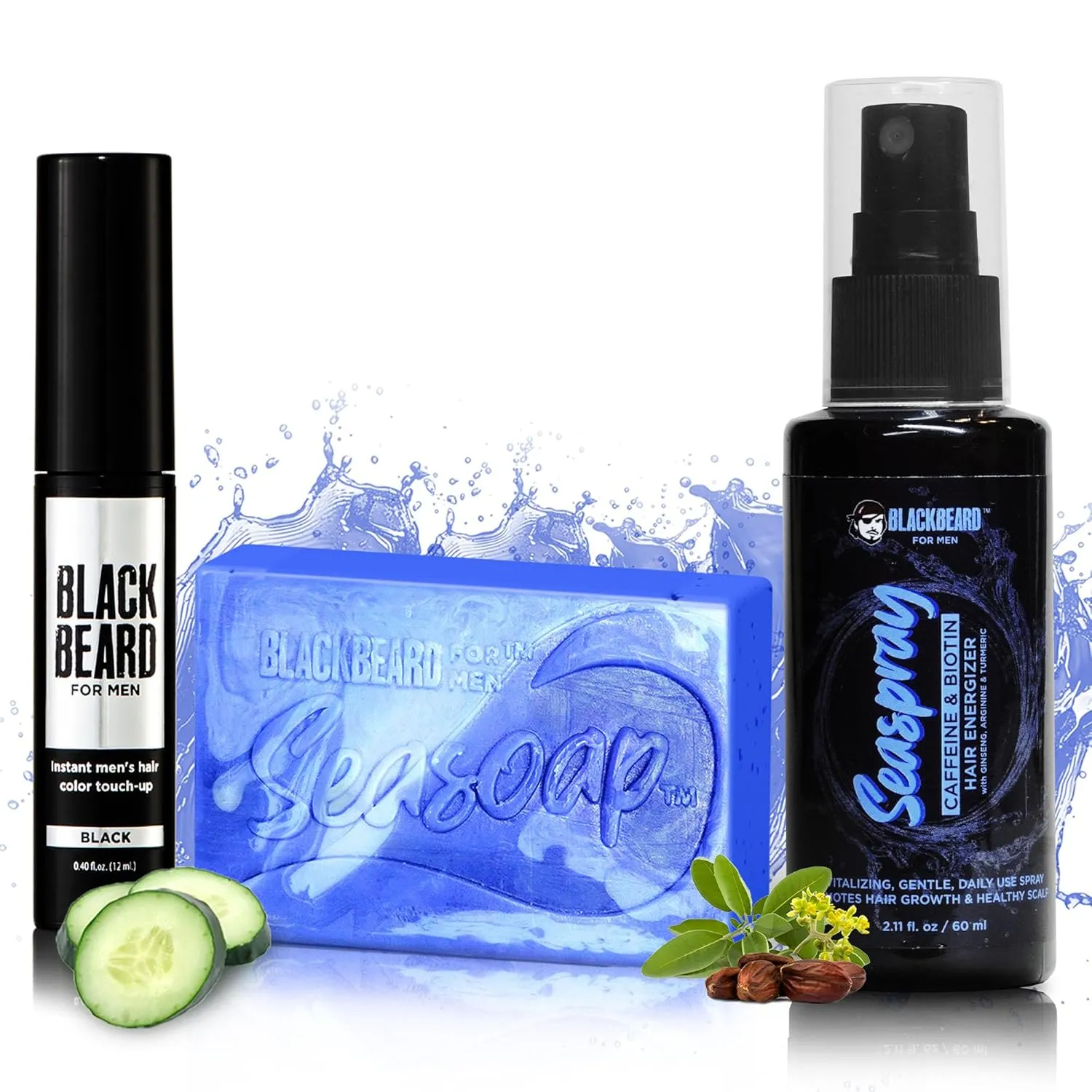 Blackbeard for Men 1 Formula X Hypoallergenic Instant Mustache & Beard Color Black, 1 Face & Body Seasoap Anti-Aging Bar Soap, 1 Seaspray Hair Energizer & Volumizer with Biotin & Caffeine