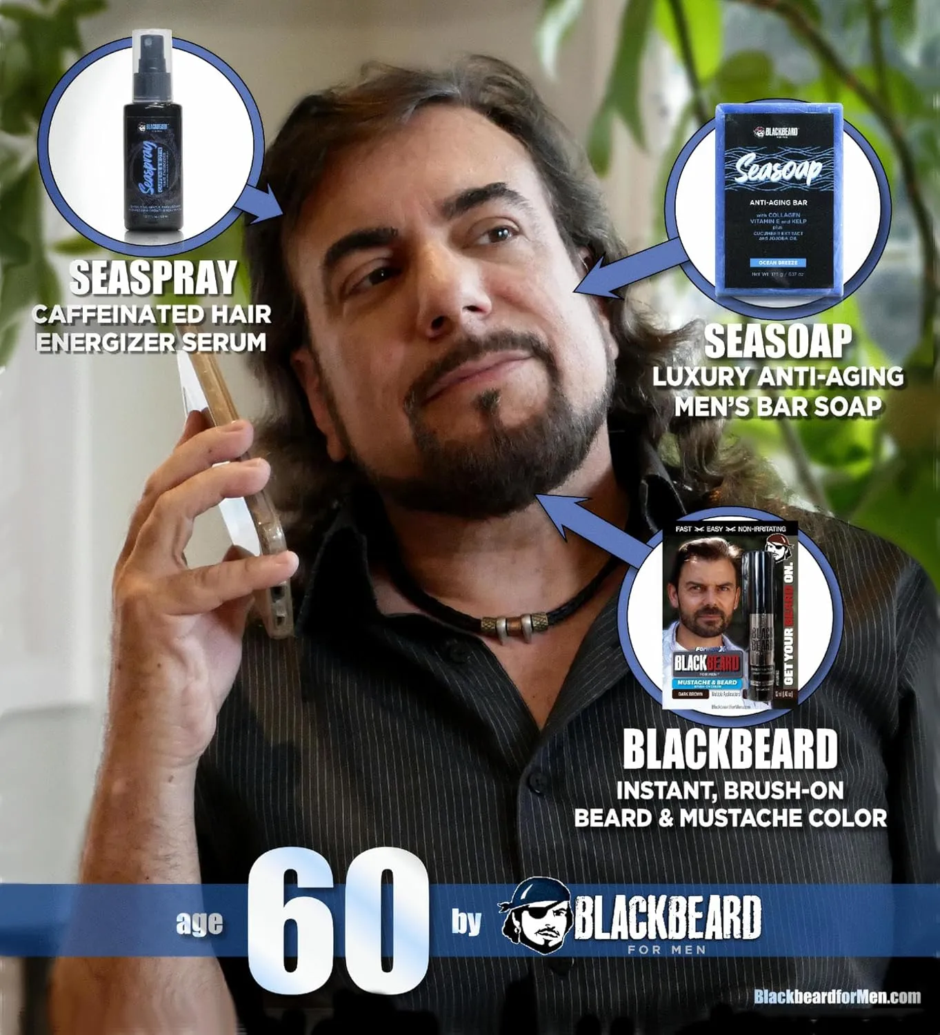 Blackbeard for Men 1 Formula X Hypoallergenic Instant Mustache & Beard Color Black, 1 Face & Body Seasoap Anti-Aging Bar Soap, 1 Seaspray Hair Energizer & Volumizer with Biotin & Caffeine