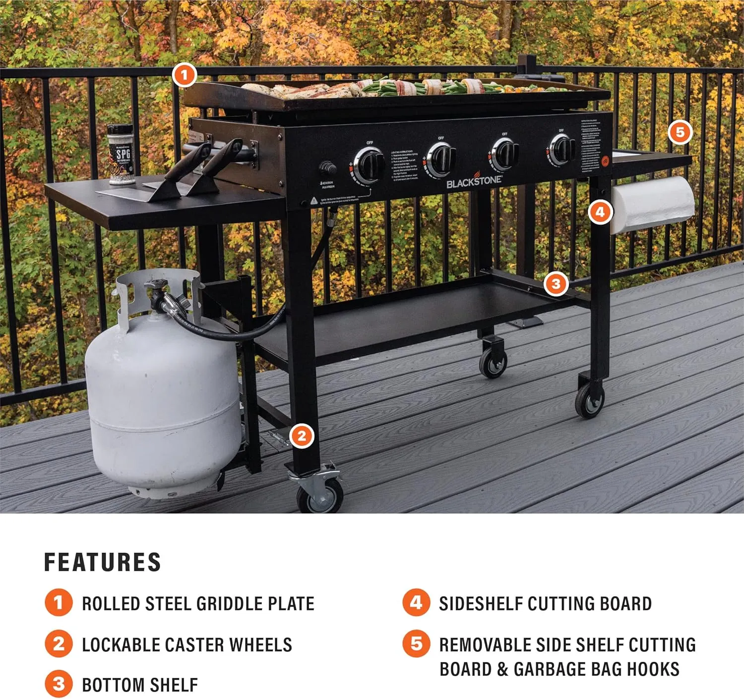 Blackstone 36" Cooking Station 4 Burner Propane Fuelled Restaurant Grade Professional 36 Inch Outdoor Flat Top Gas Griddle with Built in Cutting Board, Garbage Holder and Side Shelf (1825), Black
