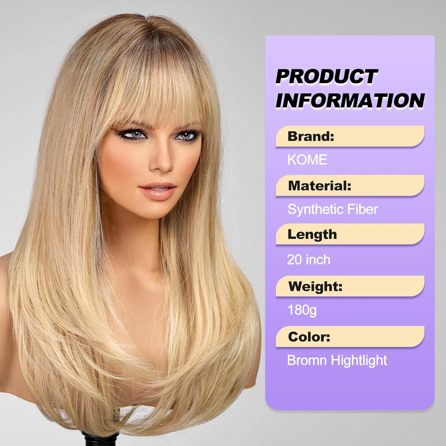 Blonde Long Layered Wig with Bangs,Straight Hair Wigs for Women,Synthetic Heat Resistant Natural Looking Hair Wig for Party Cosplay Dality Use…