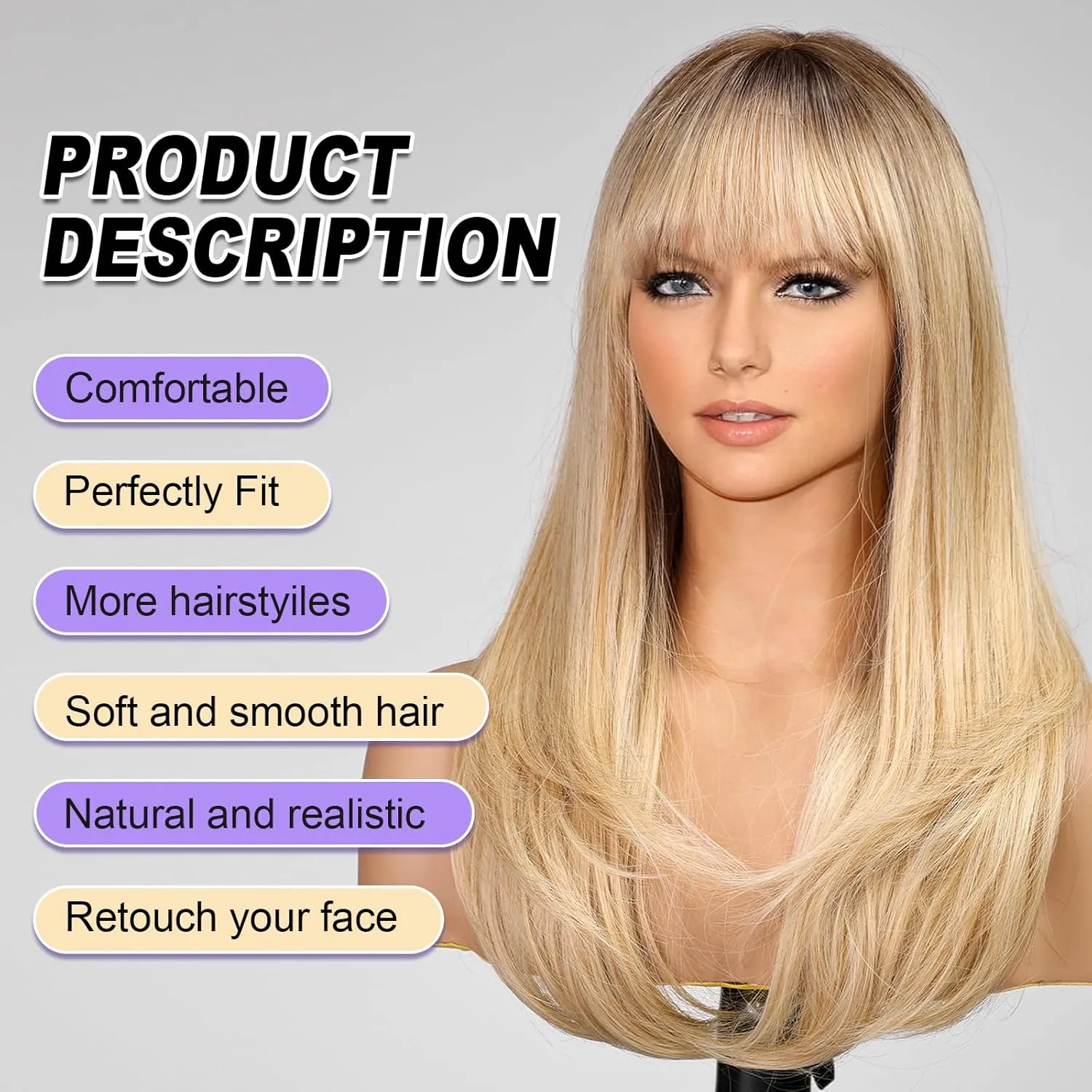 Blonde Long Layered Wig with Bangs,Straight Hair Wigs for Women,Synthetic Heat Resistant Natural Looking Hair Wig for Party Cosplay Dality Use…