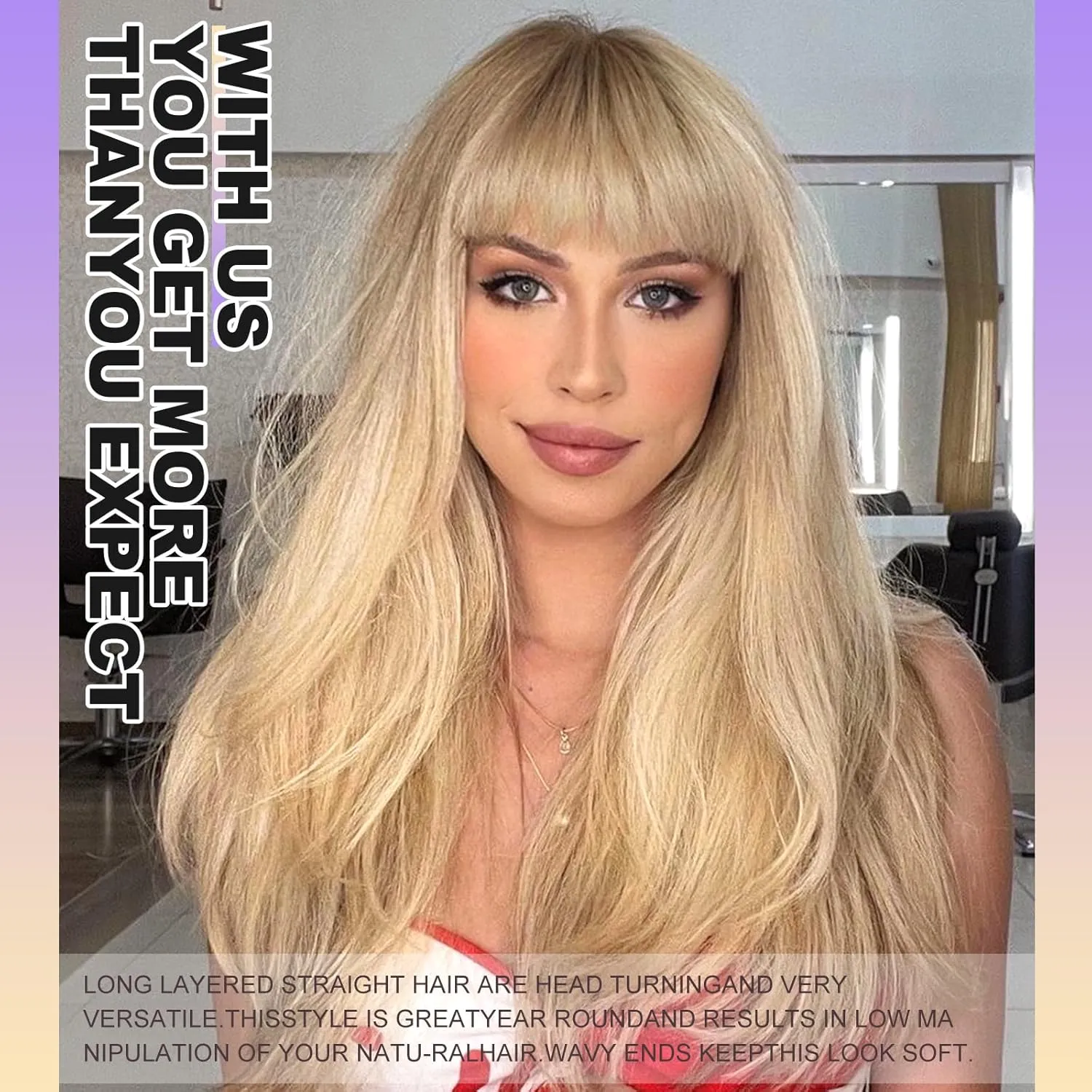 Blonde Long Layered Wig with Bangs,Straight Hair Wigs for Women,Synthetic Heat Resistant Natural Looking Hair Wig for Party Cosplay Dality Use…