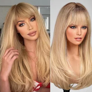 Blonde Long Layered Wig with Bangs,Straight Hair Wigs for Women,Synthetic Heat Resistant Natural Looking Hair Wig for Party Cosplay Dality Use…
