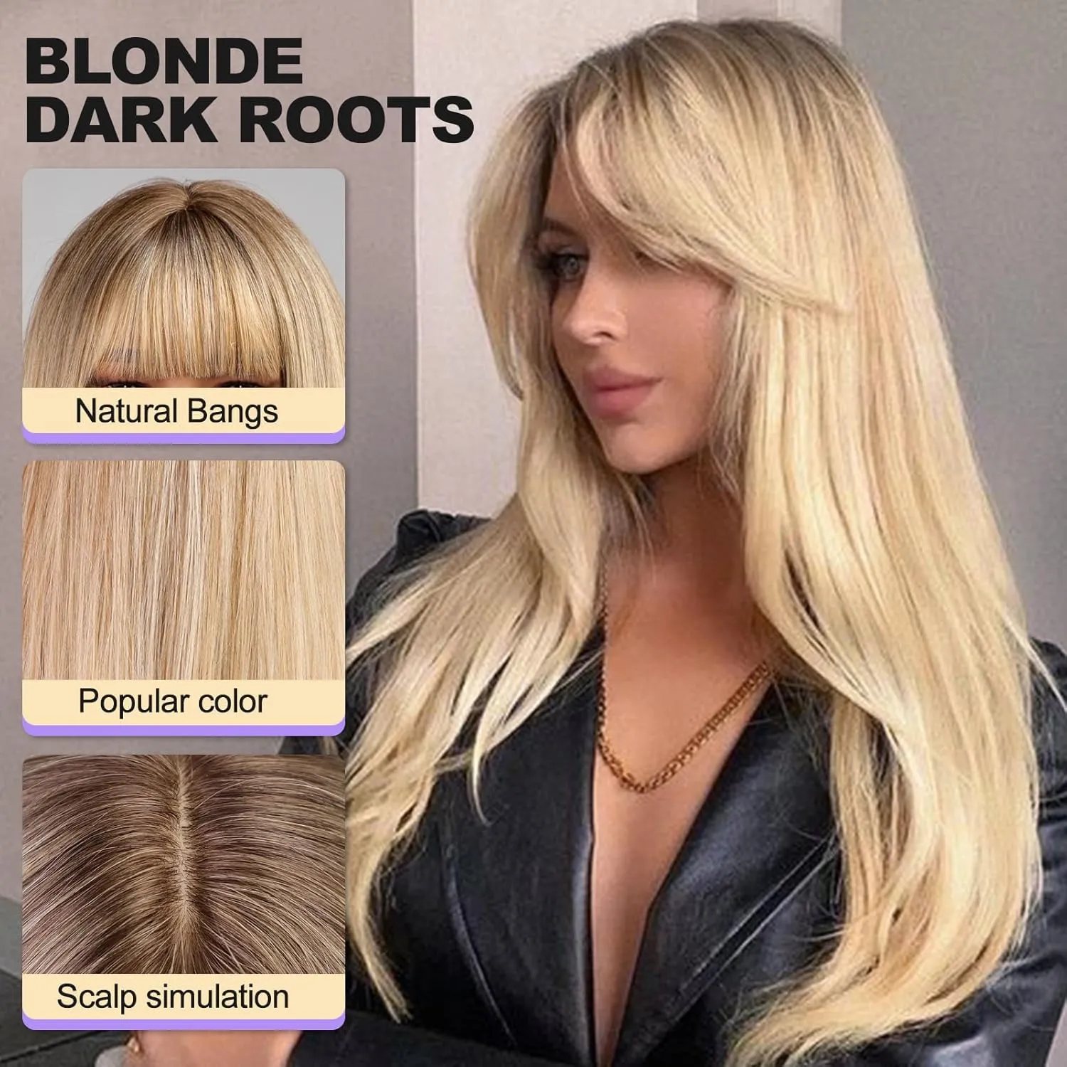 Blonde Long Layered Wig with Bangs,Straight Hair Wigs for Women,Synthetic Heat Resistant Natural Looking Hair Wig for Party Cosplay Dality Use…