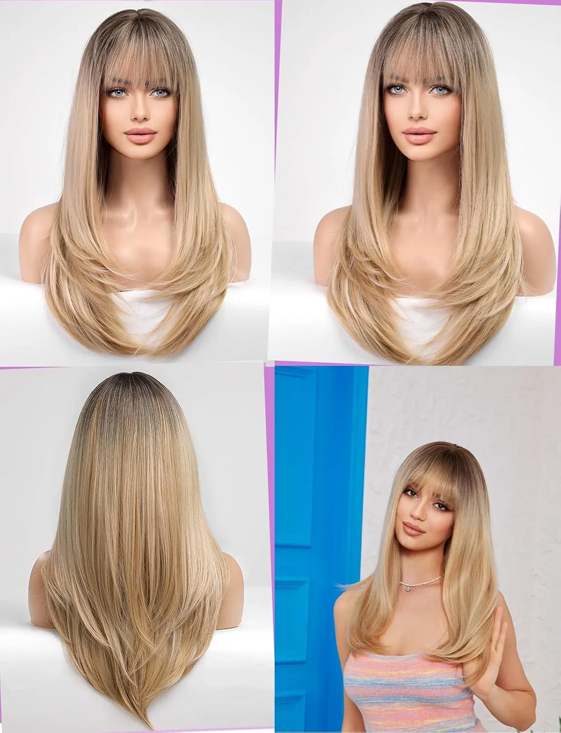 Blonde Wigs for Women Layered Straight Long Wig with Bangs Natural Synthetic Hair with Dark Roots
