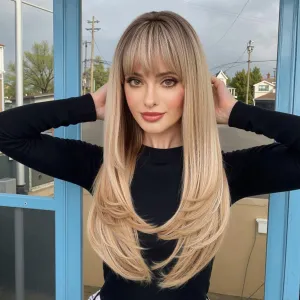 Blonde Wigs for Women Layered Straight Long Wig with Bangs Natural Synthetic Hair with Dark Roots