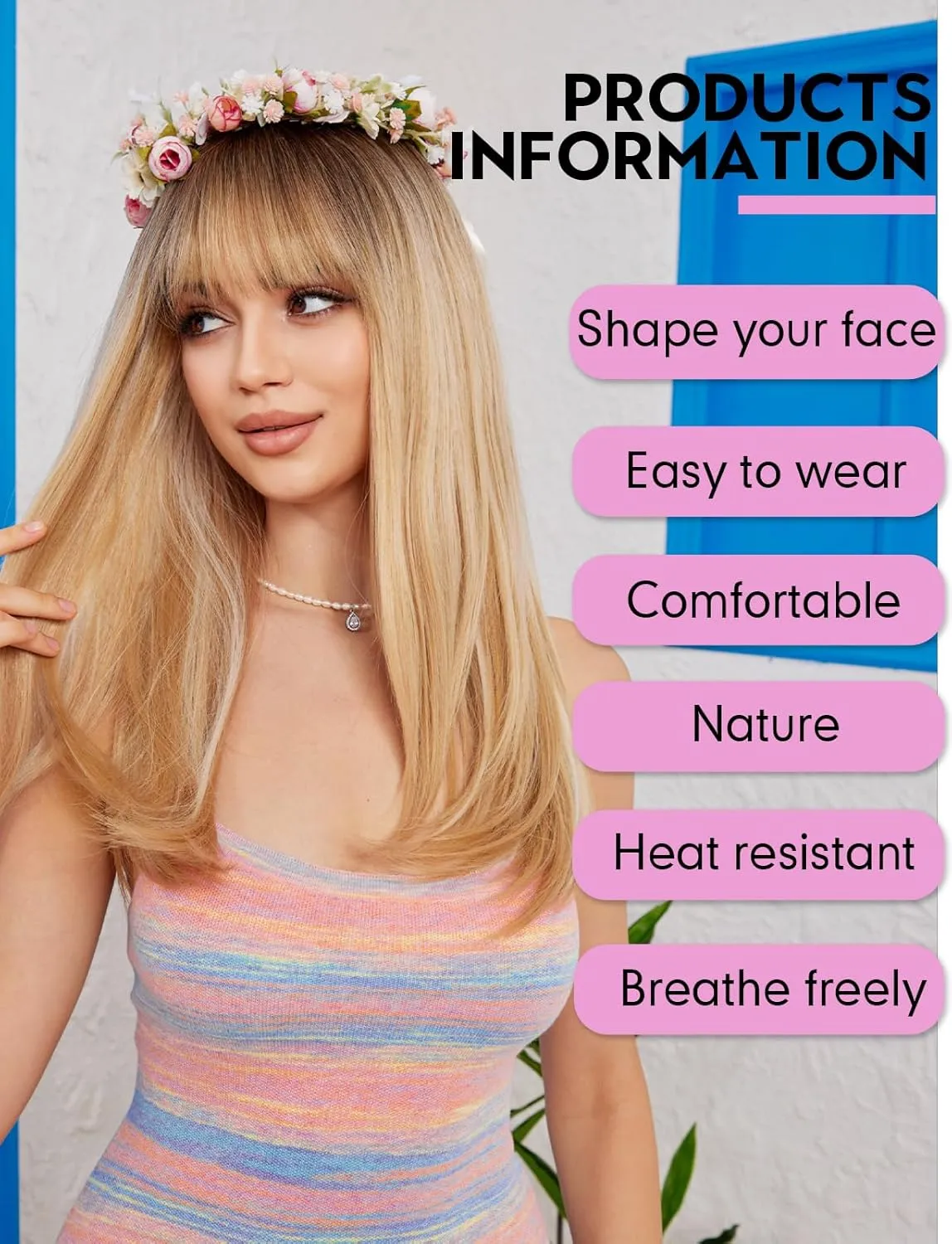 Blonde Wigs for Women Layered Straight Long Wig with Bangs Natural Synthetic Hair with Dark Roots