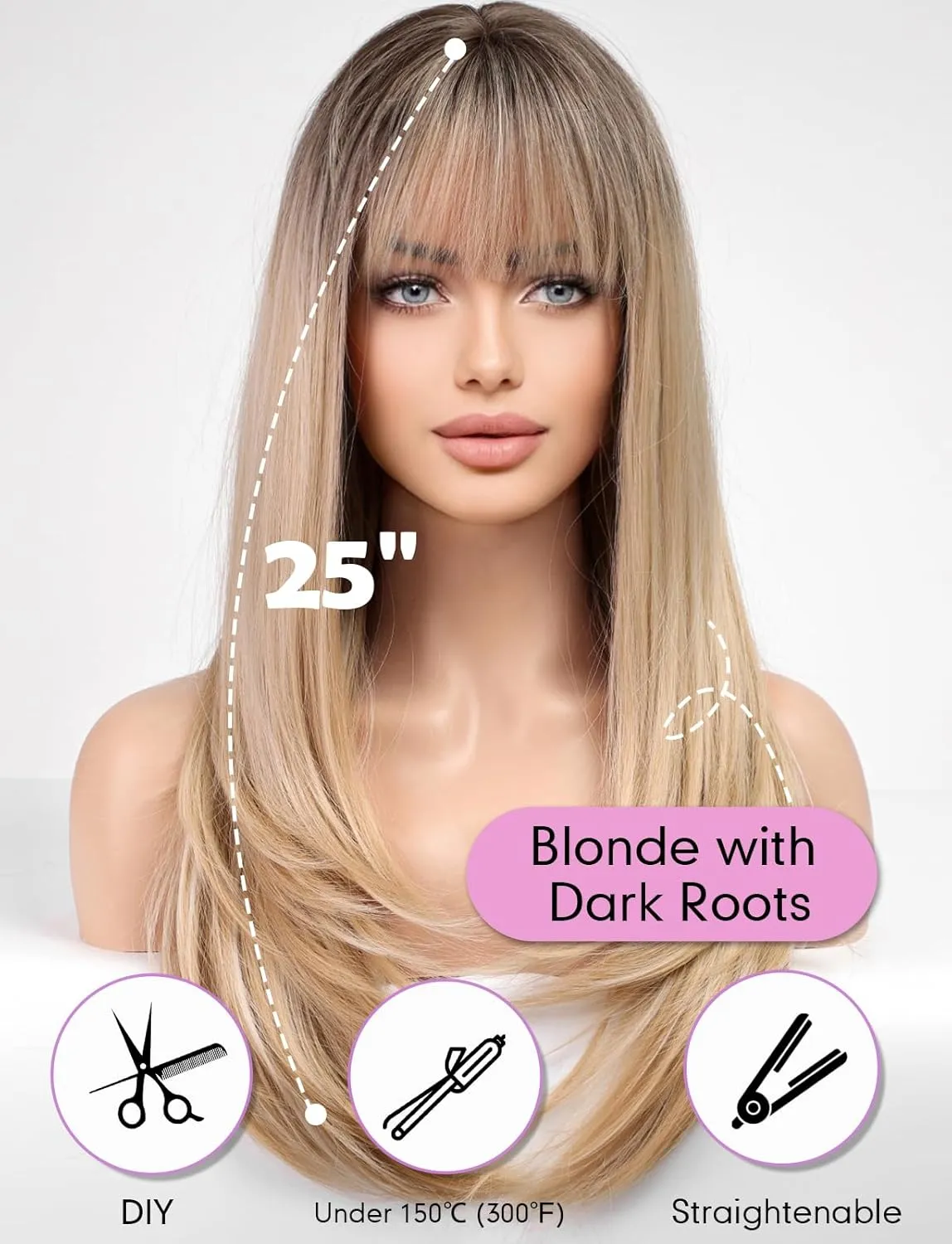 Blonde Wigs for Women Layered Straight Long Wig with Bangs Natural Synthetic Hair with Dark Roots