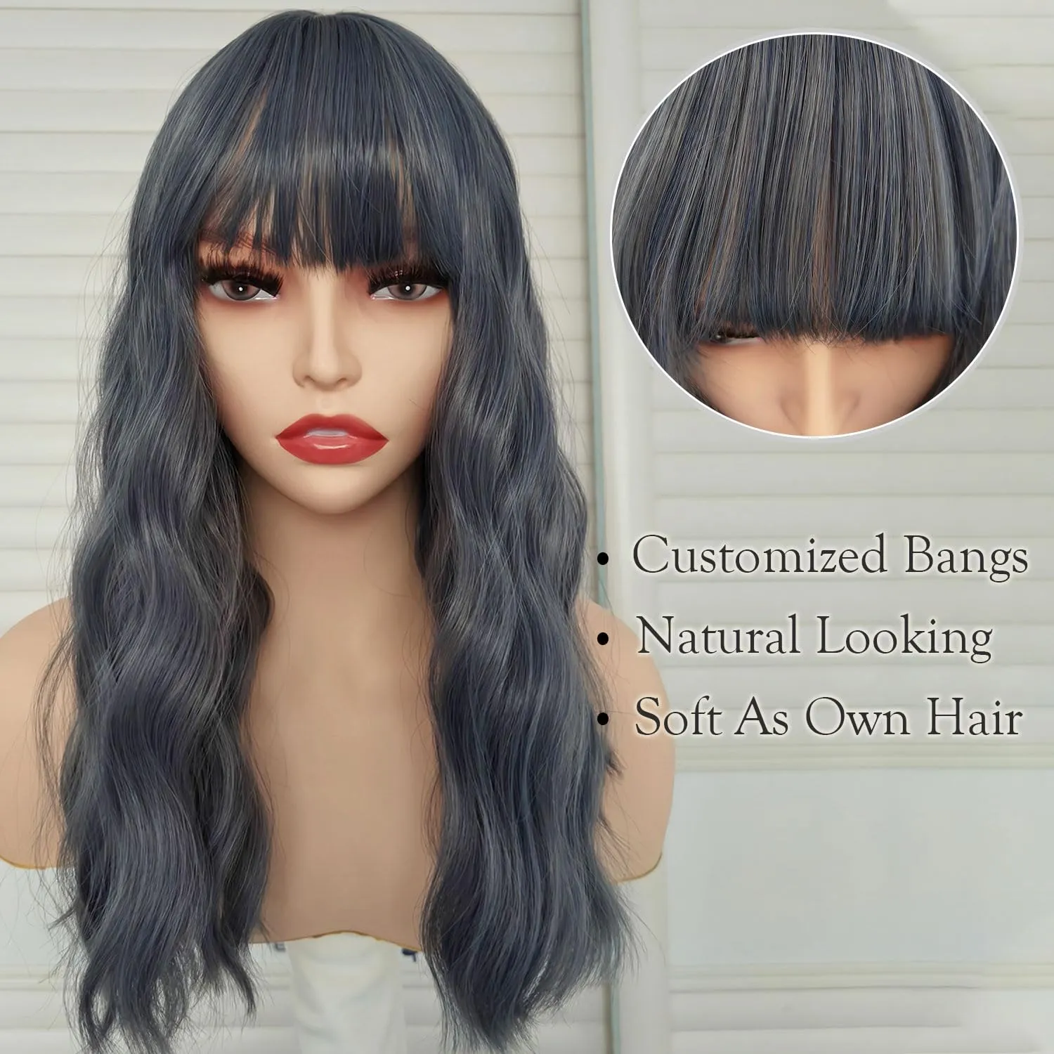 Blue Short Bob Wave Wigs Synthetic Hair Cosplay Wig with Bangs Loose Curly Shoulder Length Blue-grey Colorful Natural Wave Wig for Women Blue Haze Costume Wig