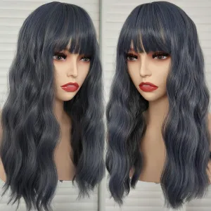 Blue Short Bob Wave Wigs Synthetic Hair Cosplay Wig with Bangs Loose Curly Shoulder Length Blue-grey Colorful Natural Wave Wig for Women Blue Haze Costume Wig