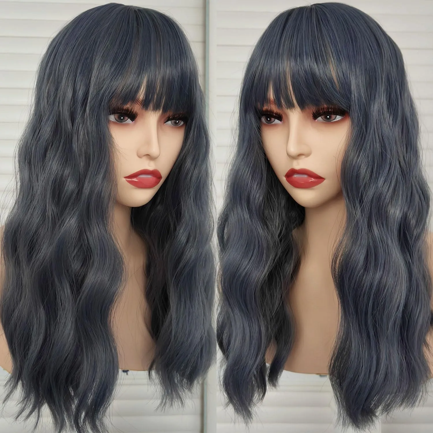Blue Short Bob Wave Wigs Synthetic Hair Cosplay Wig with Bangs Loose Curly Shoulder Length Blue-grey Colorful Natural Wave Wig for Women Blue Haze Costume Wig