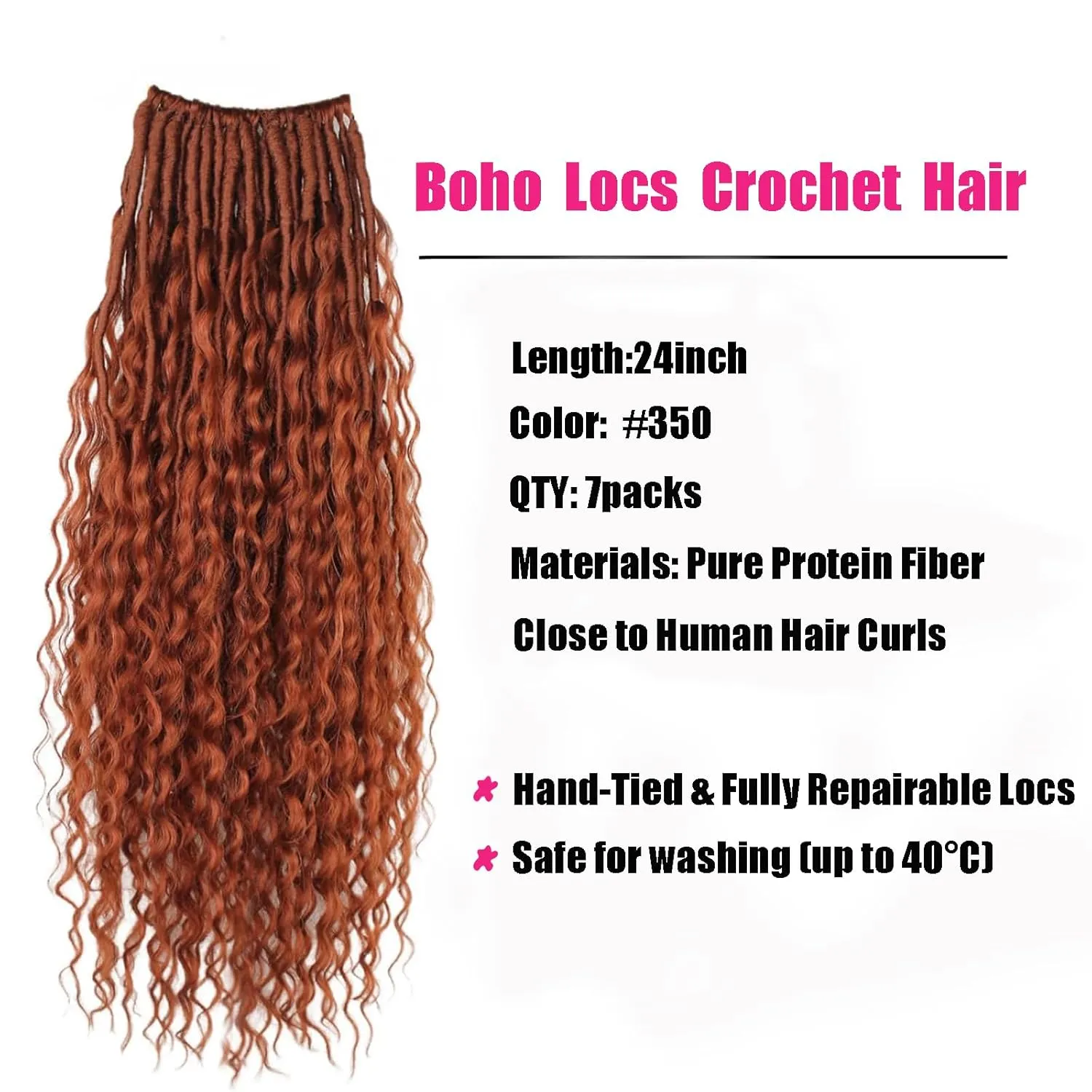Boho Faux Locs With Curly Pure Protein Fiber Close to Human Hair Curls 24 Inch Pre-Looped Crochet Goddess Faux Locs Bohemian Loc Crochet Hair For Women(24Inch 350#)
