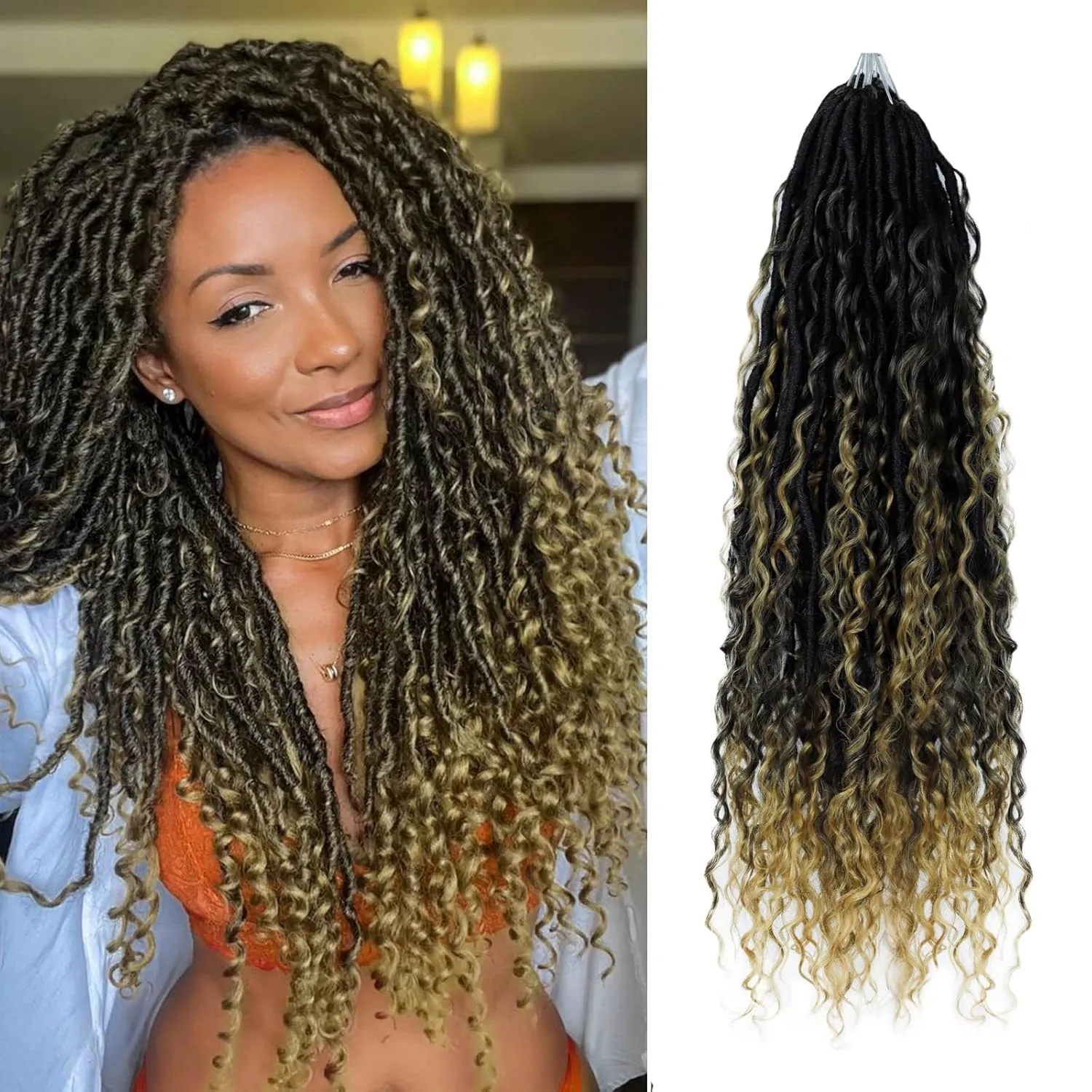 Boho Faux Locs With Curly Pure Protein Fiber Close to Human Hair Curls 24 Inch Pre-Looped Crochet Goddess Faux Locs Bohemian Loc Crochet Hair For Women(24Inch T27)