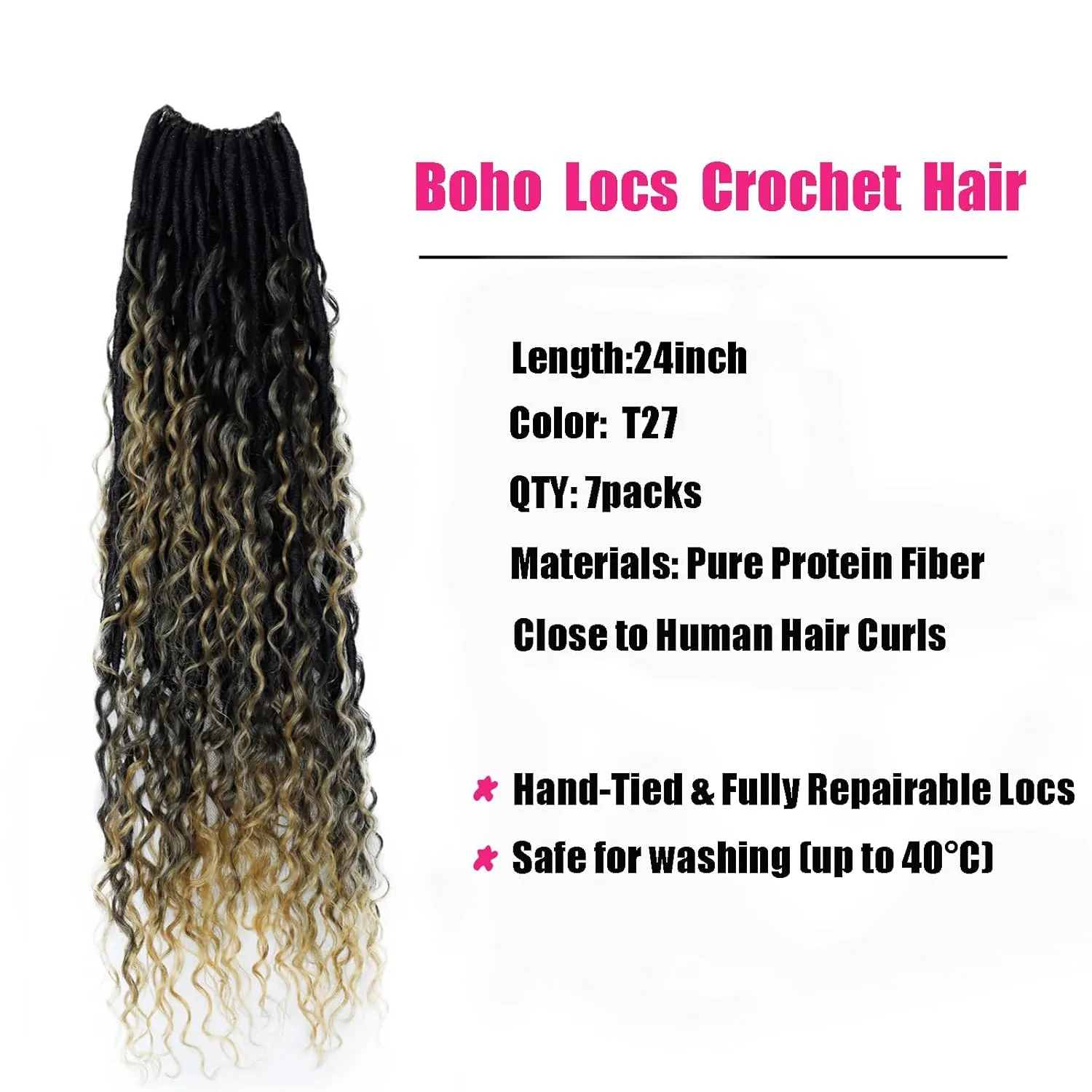 Boho Faux Locs With Curly Pure Protein Fiber Close to Human Hair Curls 24 Inch Pre-Looped Crochet Goddess Faux Locs Bohemian Loc Crochet Hair For Women(24Inch T27)