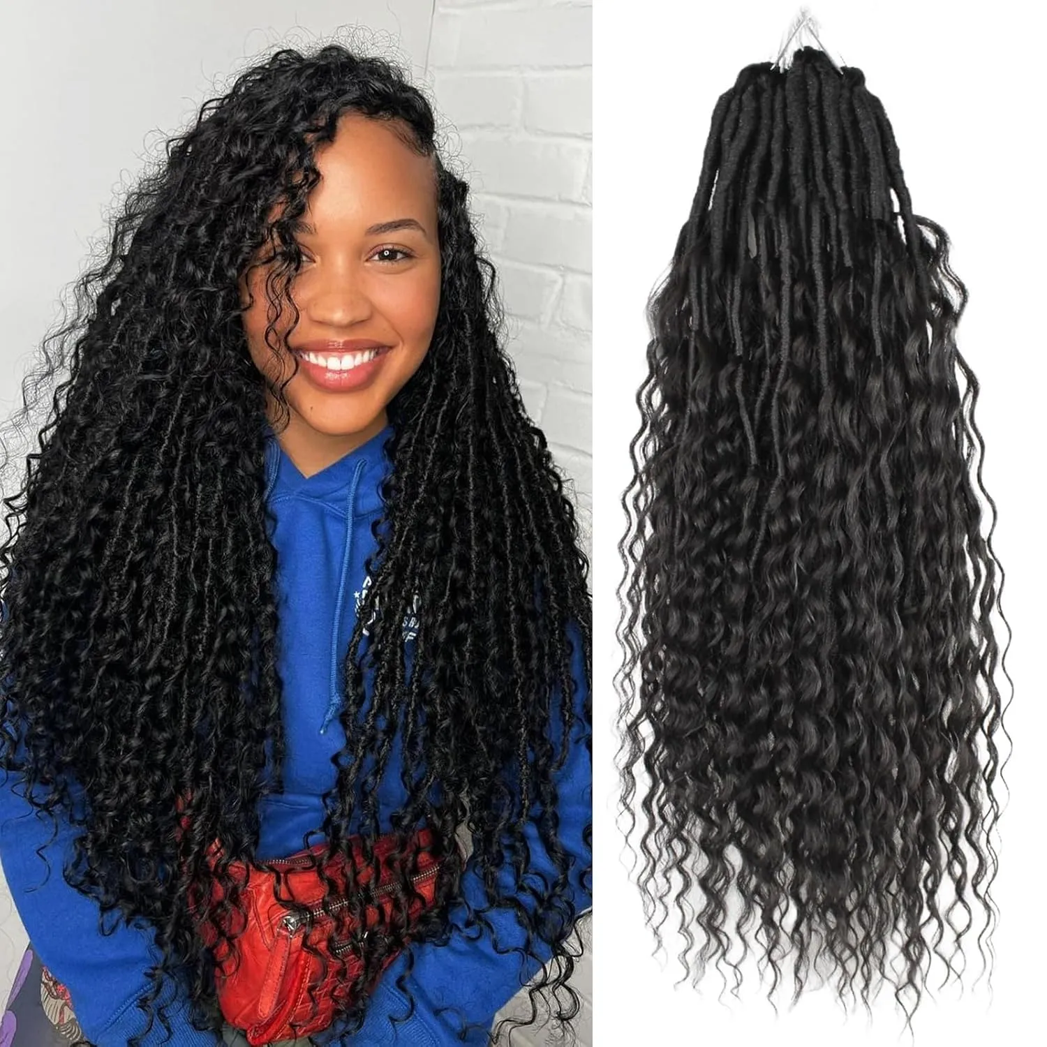 Boho Faux Locs With Curly Pure Protein Fiber Close to Human Hair Curls 28 Inch Pre-Looped Crochet Goddess Faux Locs Bohemian Loc Crochet Hair For Women(28Inch 1B)