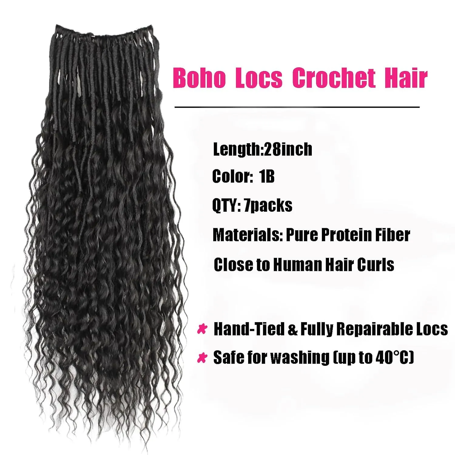 Boho Faux Locs With Curly Pure Protein Fiber Close to Human Hair Curls 28 Inch Pre-Looped Crochet Goddess Faux Locs Bohemian Loc Crochet Hair For Women(28Inch 1B)