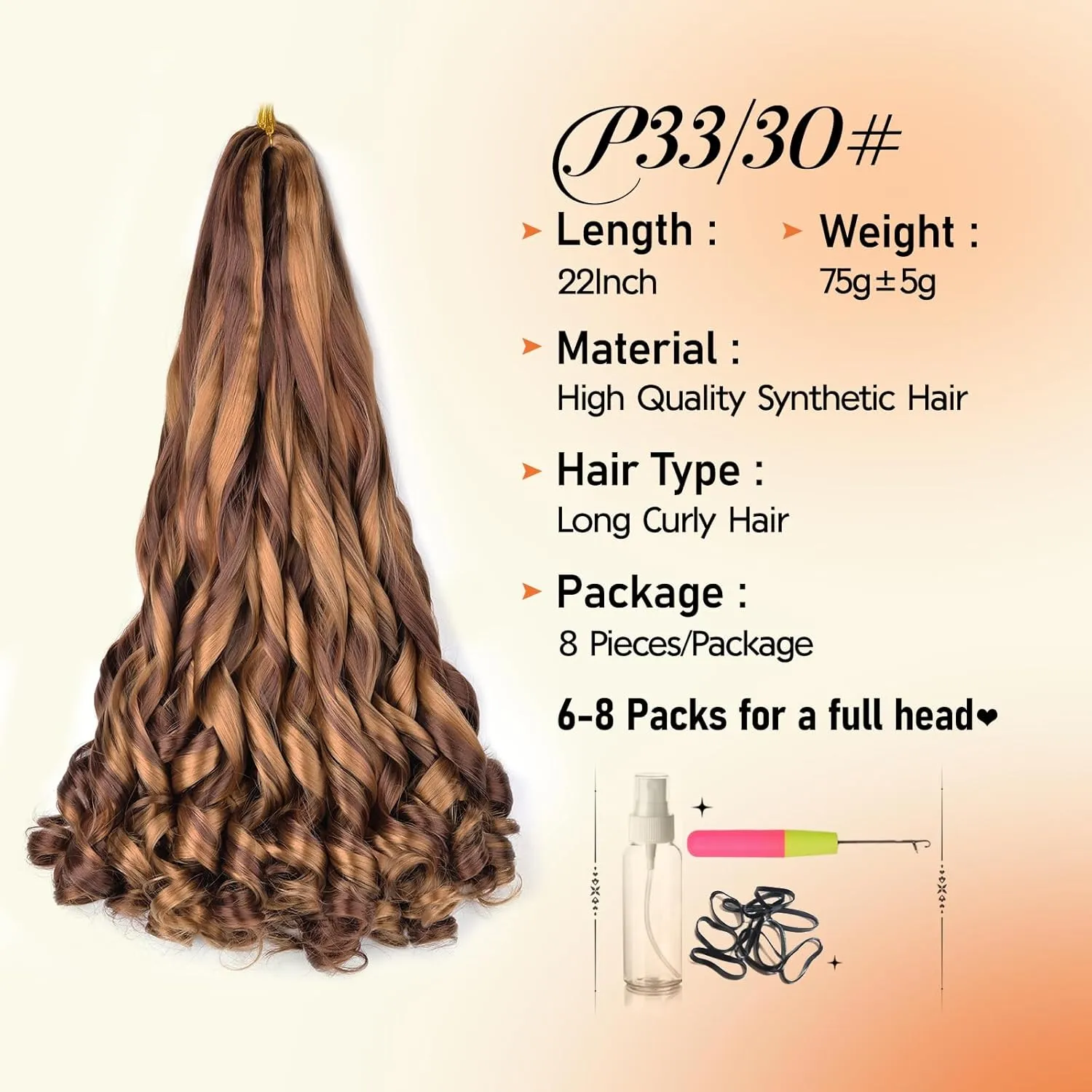 Boho French Curl Braiding Hair 22 Inch 8 Packs Box Braids Crochet Hair Extensions 75g/Pack Bouncy Loose Wavy Synthetic Pre Stretched Curl Braiding Hair for Black Women (22 Inch,8 Packs,P30/33)