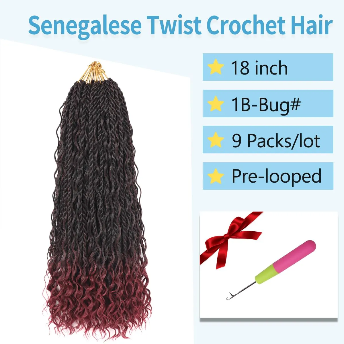 Boho Senegalese Twist Crochet Hair 9 Packs 18 Inch Boho Island Twist Hair with Curls Pre-Looped Natural Goddess Twists Crochet Braids (18Inch,1B/Bug#)