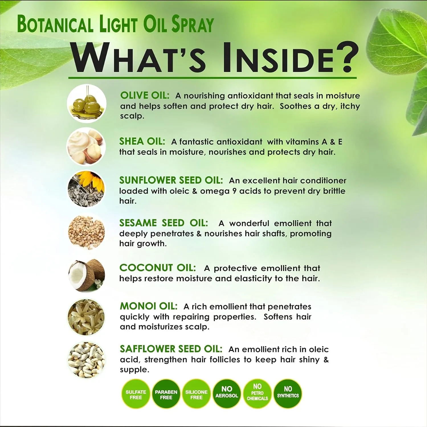 Botanical Light Oil Spray 100% Natural Ingredients Moisturizes Hair Without Build-Up Leaves Beautiful Shine Detangler Frizz Free Moisturizer Leaves A Wonderful Scent - (Olive Oil 6oz)