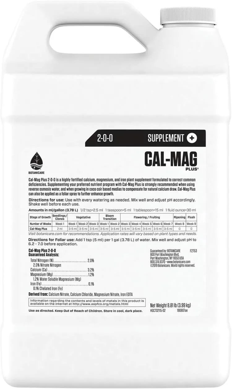 Botanicare Cal-Mag Plus, A Calcium, Magnesium, and Iron Plant Supplement, Corrects Common Plant Deficiencies, Add to Water or Use as a Spray, 2-0-0 NPK, 1-Gallon