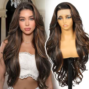 Brown Highlight Synthetic Lace Front Wig,13×6 Body Wave HD Lace Glueless Wigs for Women Natural Daily Use 28IN