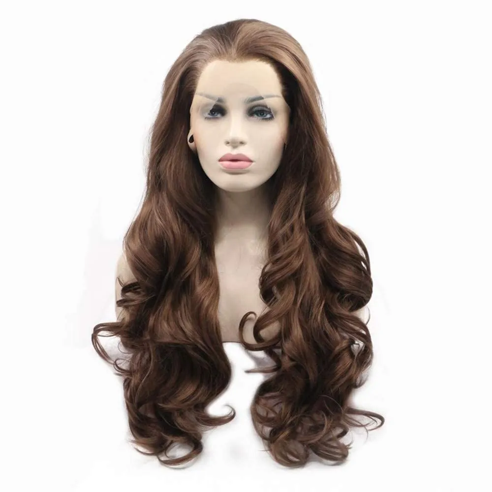 Brown Lace Front Wig Long Wavy Middle Part Pastel Wigs for Women Realistic Natural Hairline Full Curly Synthetic Heat Friendly Replacement Hand Tied/Longlife/Lightweight, 24