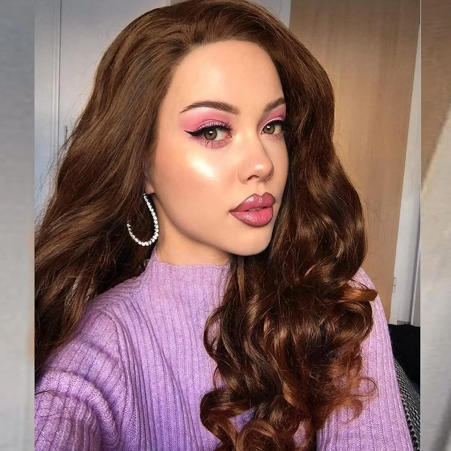 Brown Lace Front Wig Long Wavy Middle Part Pastel Wigs for Women Realistic Natural Hairline Full Curly Synthetic Heat Friendly Replacement Hand Tied/Longlife/Lightweight, 24
