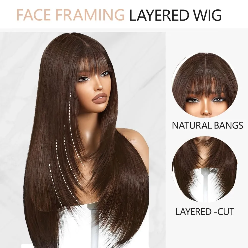 Brown Wig with Bangs Long Brown Wig for Women Synthetic Heat-Resistant Hair Layered Style Hair for Daily and Party Use