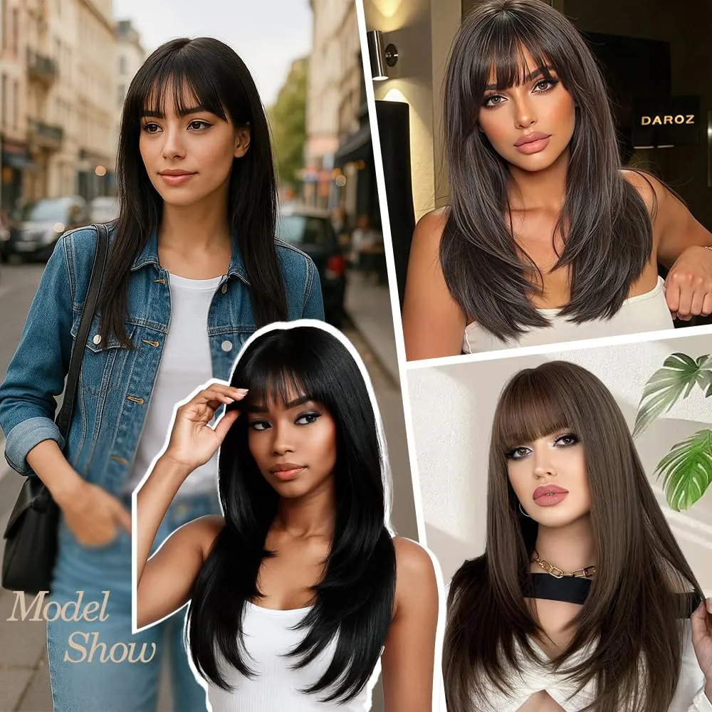 Brown Wig with Bangs Long Brown Wig for Women Synthetic Heat-Resistant Hair Layered Style Hair for Daily and Party Use