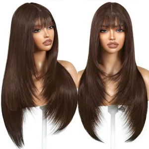Brown Wig with Bangs Long Brown Wig for Women Synthetic Heat-Resistant Hair Layered Style Hair for Daily and Party Use
