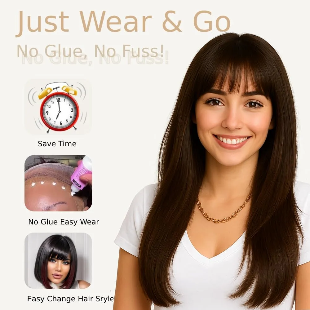 Brown Wig with Bangs Long Brown Wig for Women Synthetic Heat-Resistant Hair Layered Style Hair for Daily and Party Use