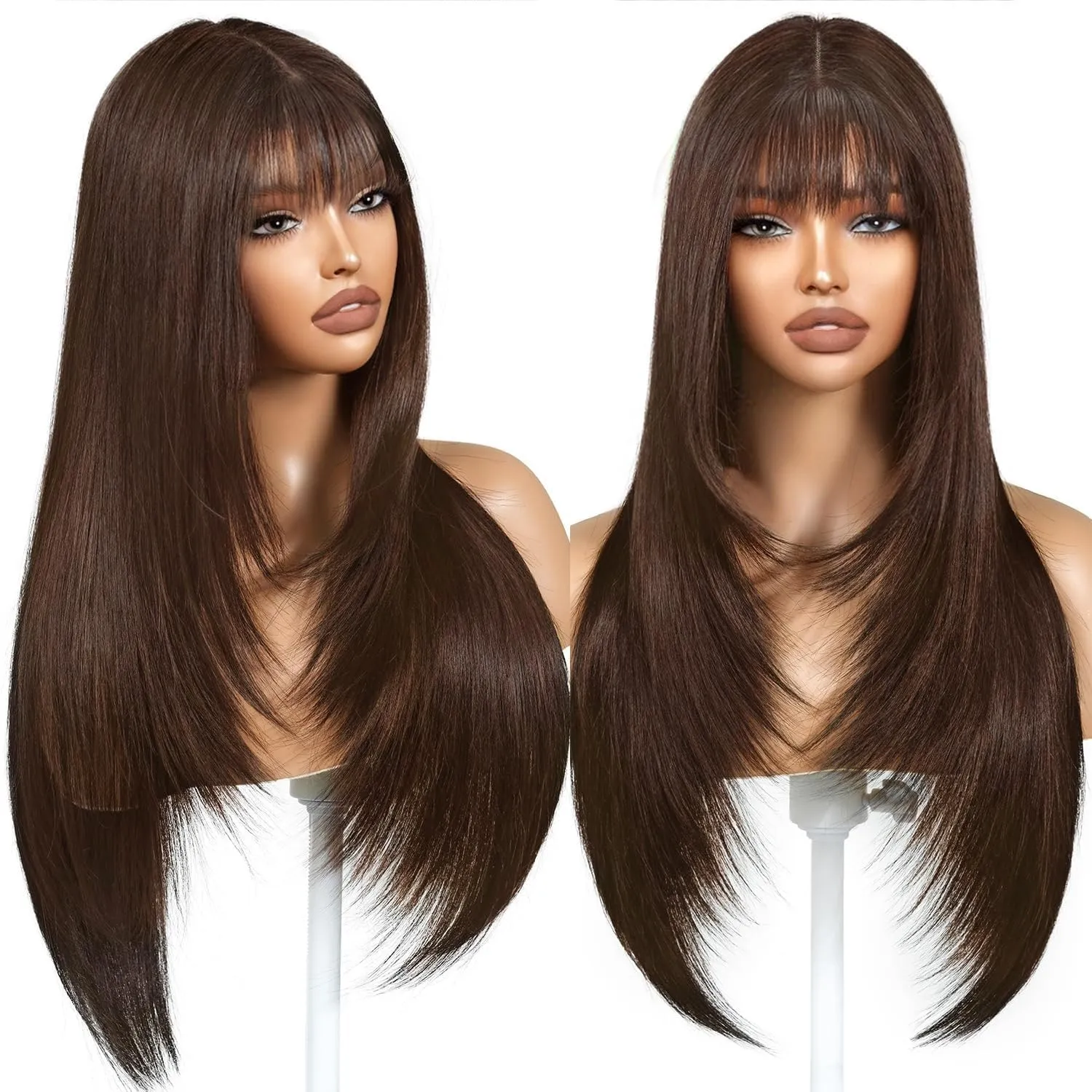 Brown Wig with Bangs Long Brown Wig for Women Synthetic Heat-Resistant Hair Layered Style Hair for Daily and Party Use