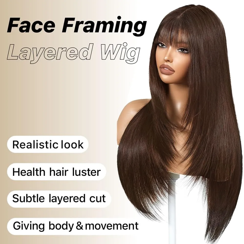 Brown Wig with Bangs Long Brown Wig for Women Synthetic Heat-Resistant Hair Layered Style Hair for Daily and Party Use