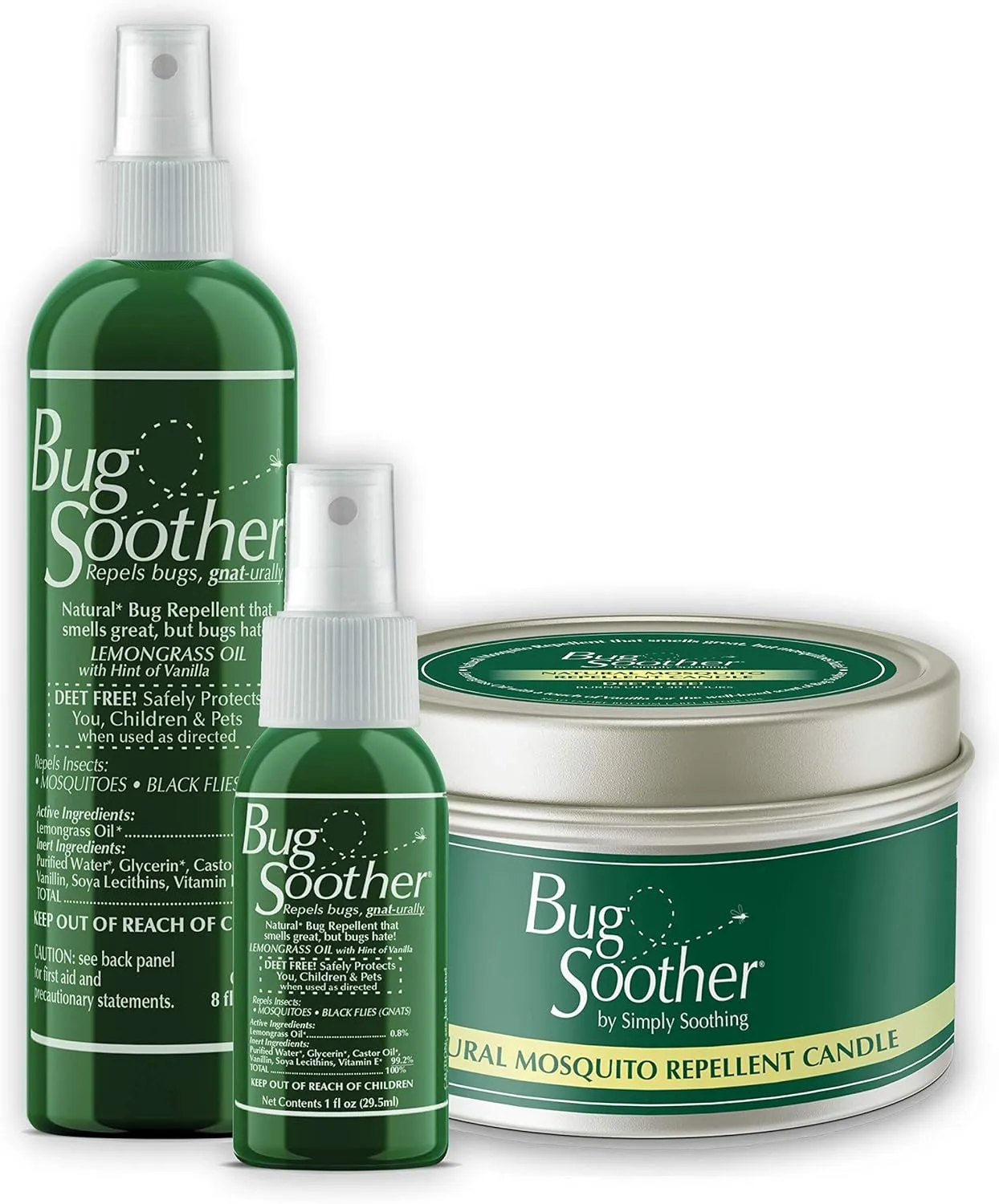 Bug Soother Candle - Natural Insect, Gnat and Mosquito Repellent Candle, 8 oz   1oz Bottle of Bug Spray Deterrent - Safe for Adults, Kids, Pets, Environment - Made in USA