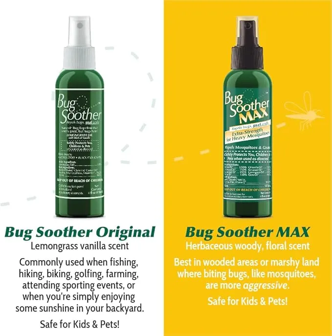 Bug Soother MAX - Extra Strength Natural Gnat, Tick, and Mosquito Repellent, 3 Pack 4 fl oz w/Free 1 oz. Bug Spray Deterrent - DEET Free - Safe for Adults & Environment - Made in USA