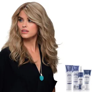 Bundle - 7 Items: Angie Remy Human Hair by Jon Renau, Christy's Wigs Q & A Booklet, BeautiMark Hydra Shampoo Conditioner Mask Protect Leave-In Spray Shine Serum - Color: FS4/33/30A