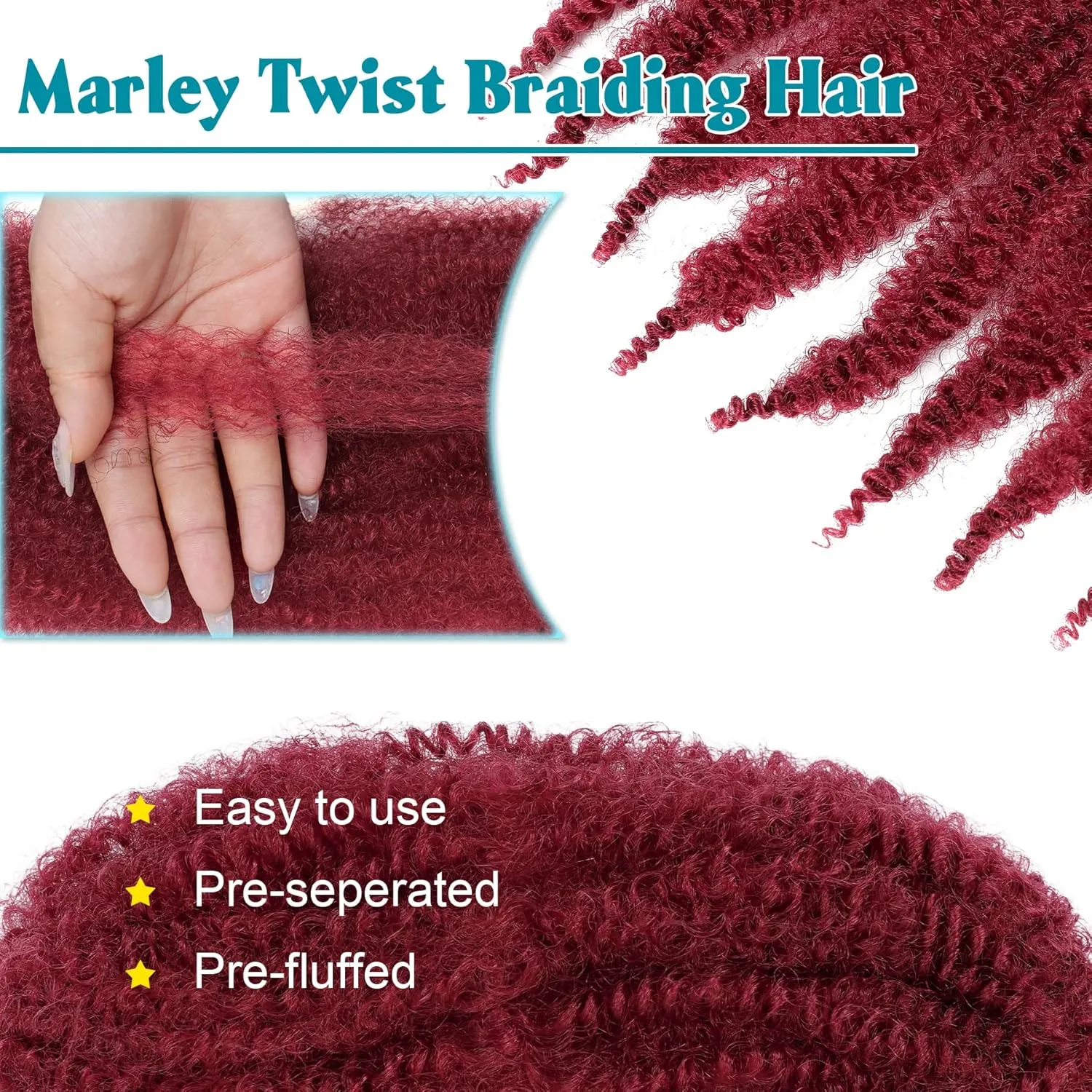 Burgundy Marley Hair, Marley Twist Braiding Hair 14 Inch 7 Packs Cuban Twist Hair Kinky Twist hair Pre Separated Marley Hair for Faux Locs Marley Twist Hair Synthetic Braiding hair(14 inch,Burgundy)