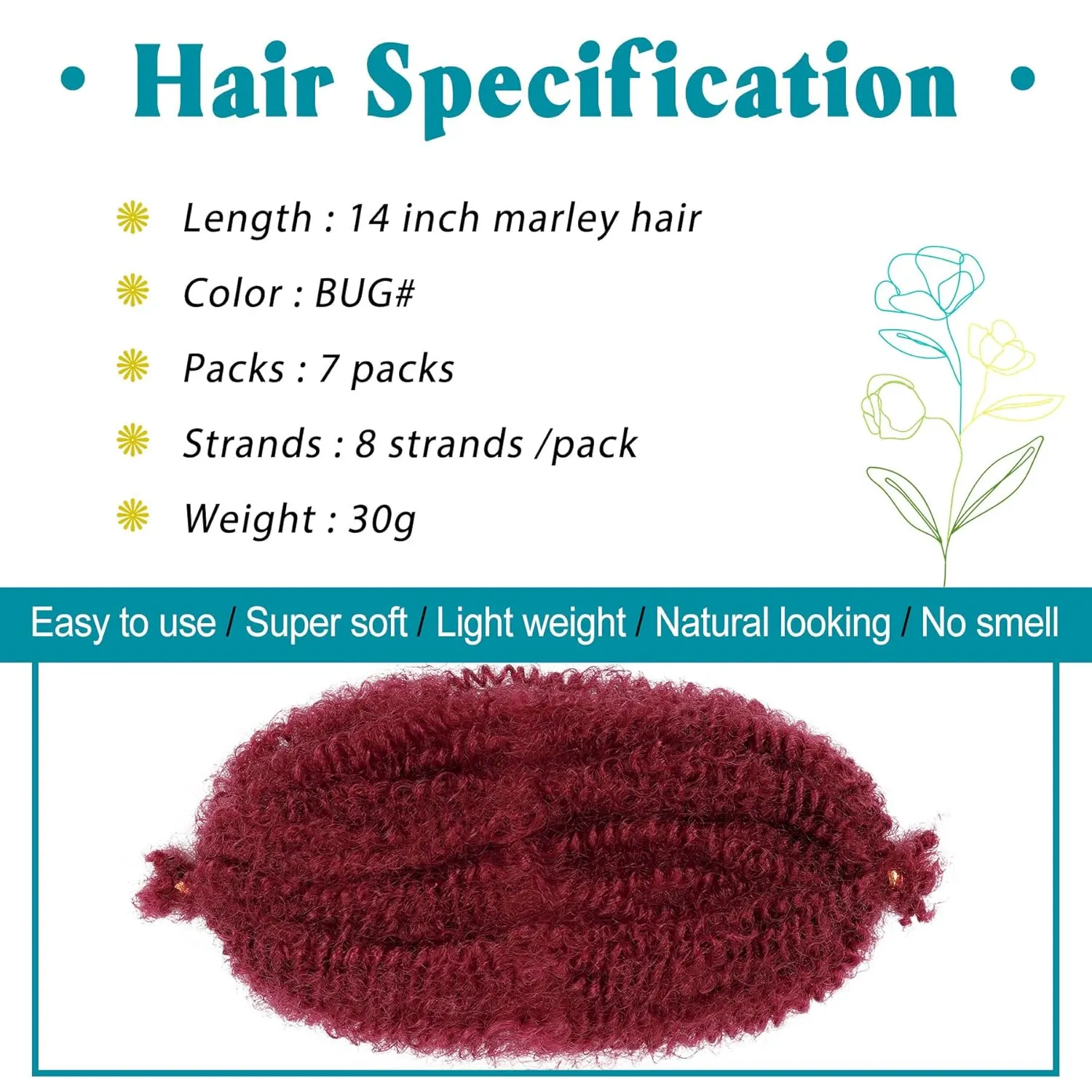 Burgundy Marley Hair, Marley Twist Braiding Hair 14 Inch 7 Packs Cuban Twist Hair Kinky Twist hair Pre Separated Marley Hair for Faux Locs Marley Twist Hair Synthetic Braiding hair(14 inch,Burgundy)