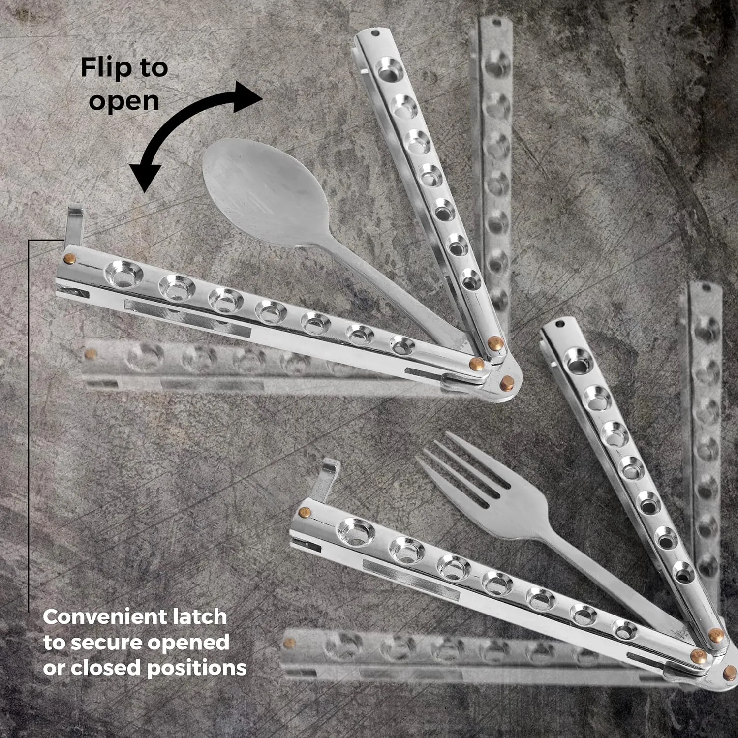 Caliber Gourmet Tactical Stainless Steel Folding Butterfly Knife Style Utensil, Fork, Spoon, Bottle Opener, Camping Hiking Kitchen BBQ Grill Picnic Flatware Utensil (Fork   Spoon), Christmas Gift