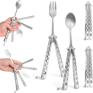 Caliber Gourmet Tactical Stainless Steel Folding Butterfly Knife Style Utensil, Fork, Spoon, Bottle Opener, Camping Hiking Kitchen BBQ Grill Picnic Flatware Utensil (Fork   Spoon), Christmas Gift