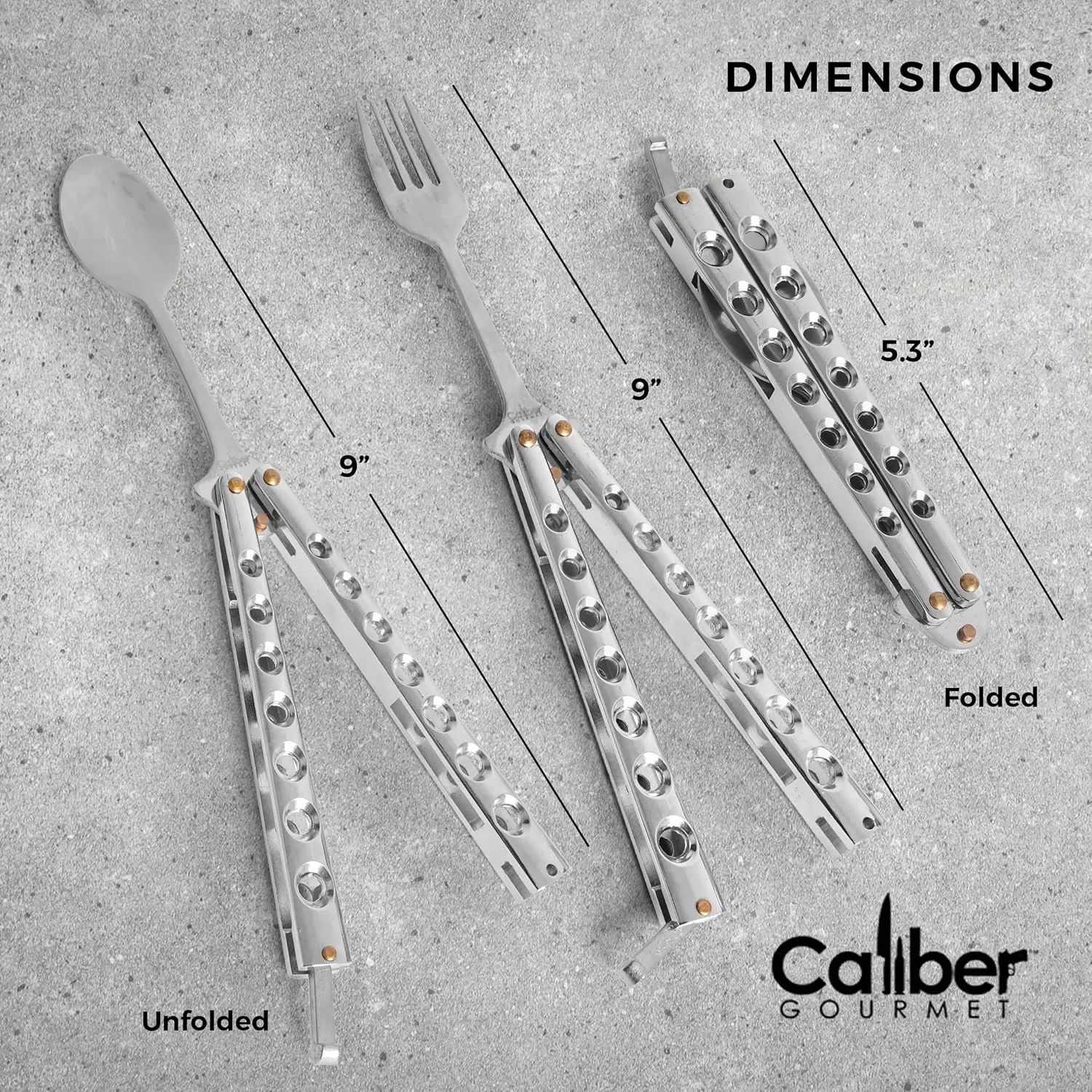 Caliber Gourmet Tactical Stainless Steel Folding Butterfly Knife Style Utensil, Fork, Spoon, Bottle Opener, Camping Hiking Kitchen BBQ Grill Picnic Flatware Utensil (Fork   Spoon), Christmas Gift