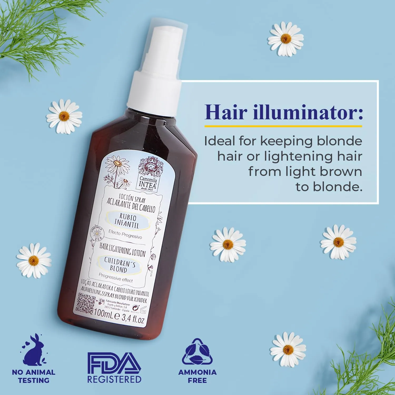 Camomila Intea Hair Lightener For Kids– Premium Sun Lightening Spray for Hair – Chamomile Hair Lightener Spray for Naturally Lighten Hair – No Bleach/Ammonia – Child-Friendly Formula - 3.4 Oz