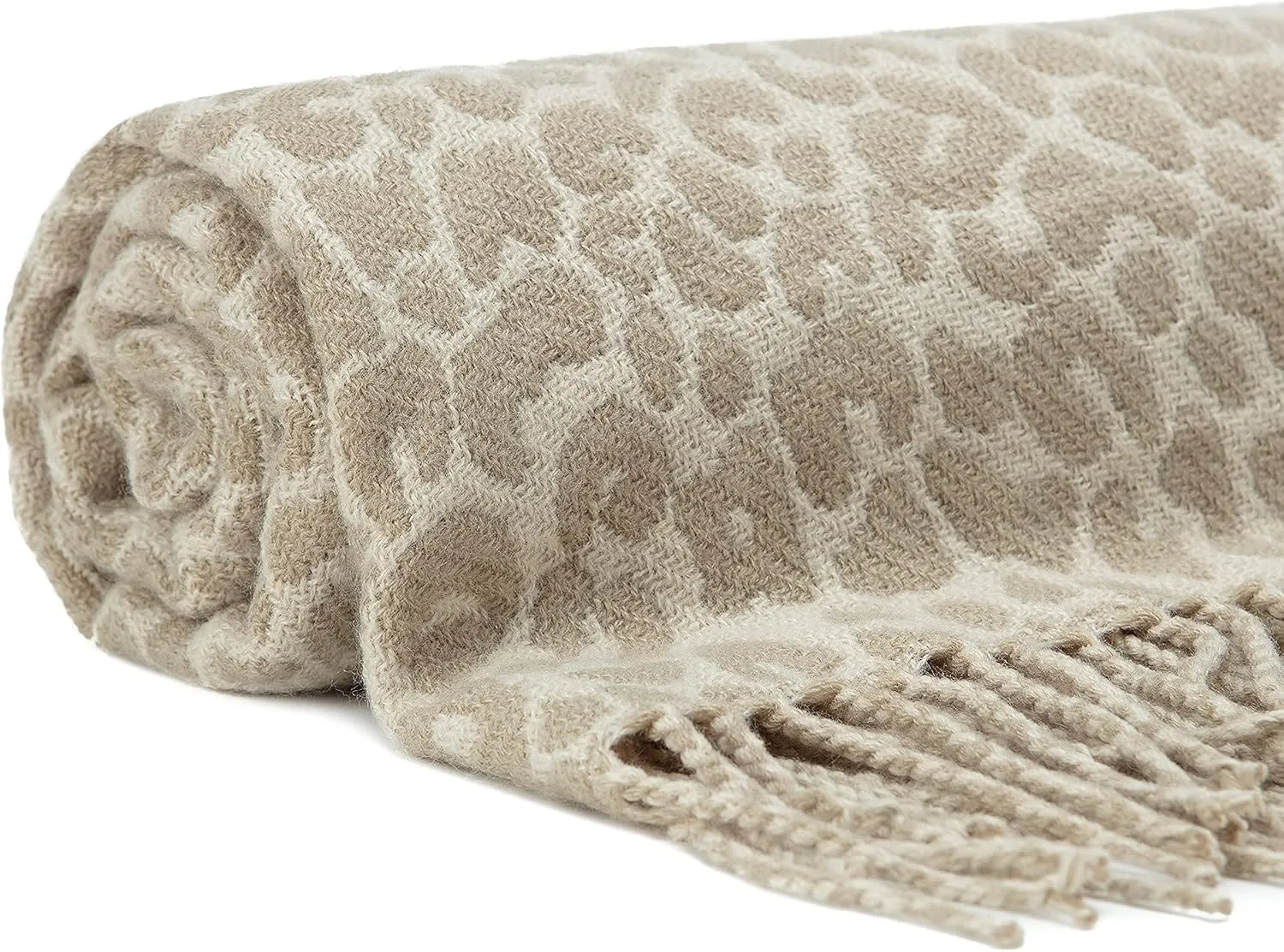 Chanasya Premium Super Soft Leopard Print Acrylic Throw Blanket with Tassels - Lightweight Modern and Shabby Chic Woven Blanket for Bed Sofa Chair Living Room and Bedroom Decor (50x65 Inches) Beige