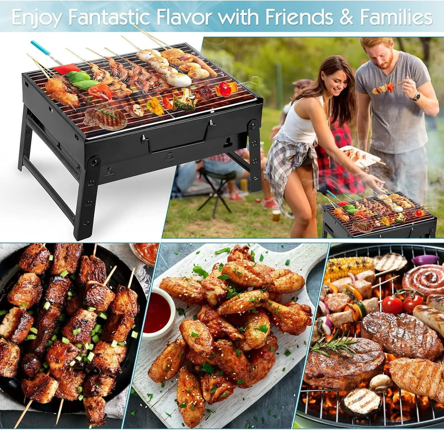 Charcoal Grill, BBQ Grill Folding Portable Lightweight smoker Grill, Barbecue Grill Small desk Tabletop Outdoor Grill for Camping Picnics Garden Beach Party (13.7 x 9.4 x 2.3)inch /(35 x 24 x 6)cm