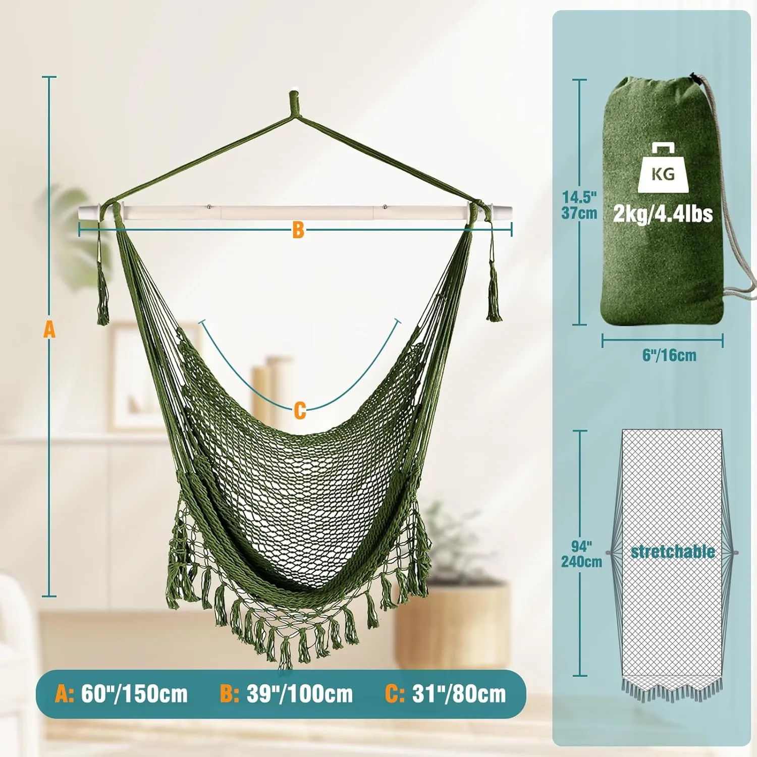 Chihee Hammock Chair Super Large Hanging Chair Soft-Spun Cotton Rope Weaving Chair, Collapsible Strong Metal Spreader Bar Wide Seat Lace Stretch Swing Chair Indoor Outdoor Garden Yard Theme Decoration