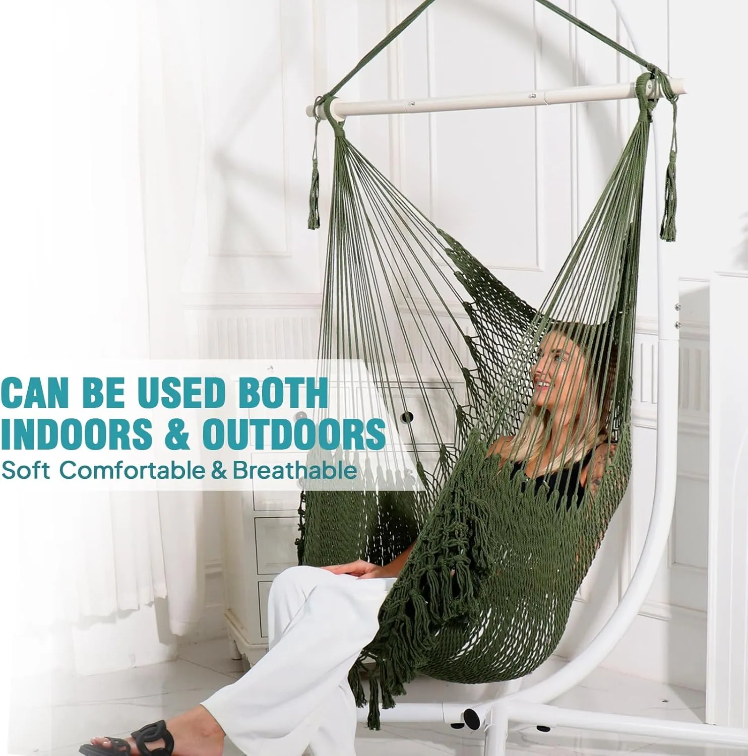 Chihee Hammock Chair Super Large Hanging Chair Soft-Spun Cotton Rope Weaving Chair, Collapsible Strong Metal Spreader Bar Wide Seat Lace Stretch Swing Chair Indoor Outdoor Garden Yard Theme Decoration