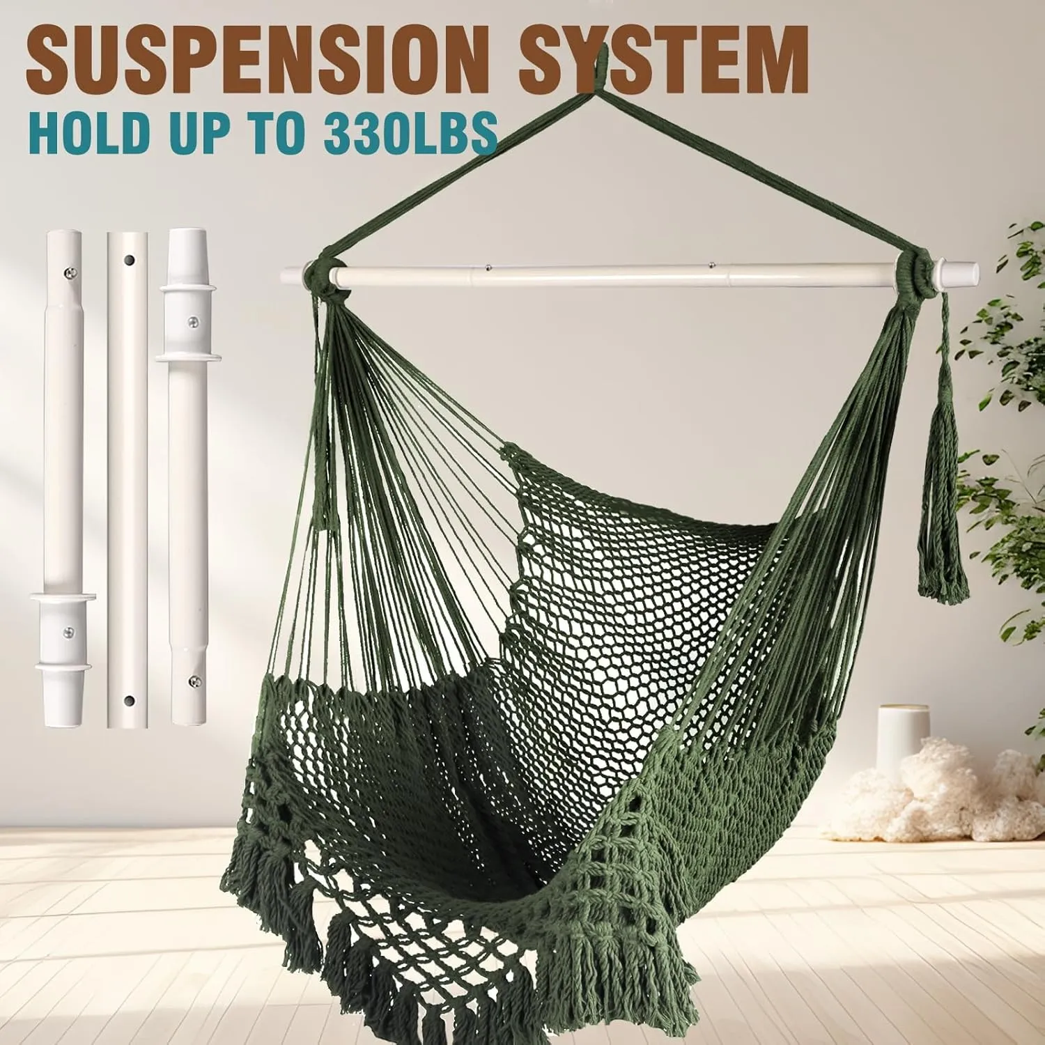 Chihee Hammock Chair Super Large Hanging Chair Soft-Spun Cotton Rope Weaving Chair, Collapsible Strong Metal Spreader Bar Wide Seat Lace Stretch Swing Chair Indoor Outdoor Garden Yard Theme Decoration