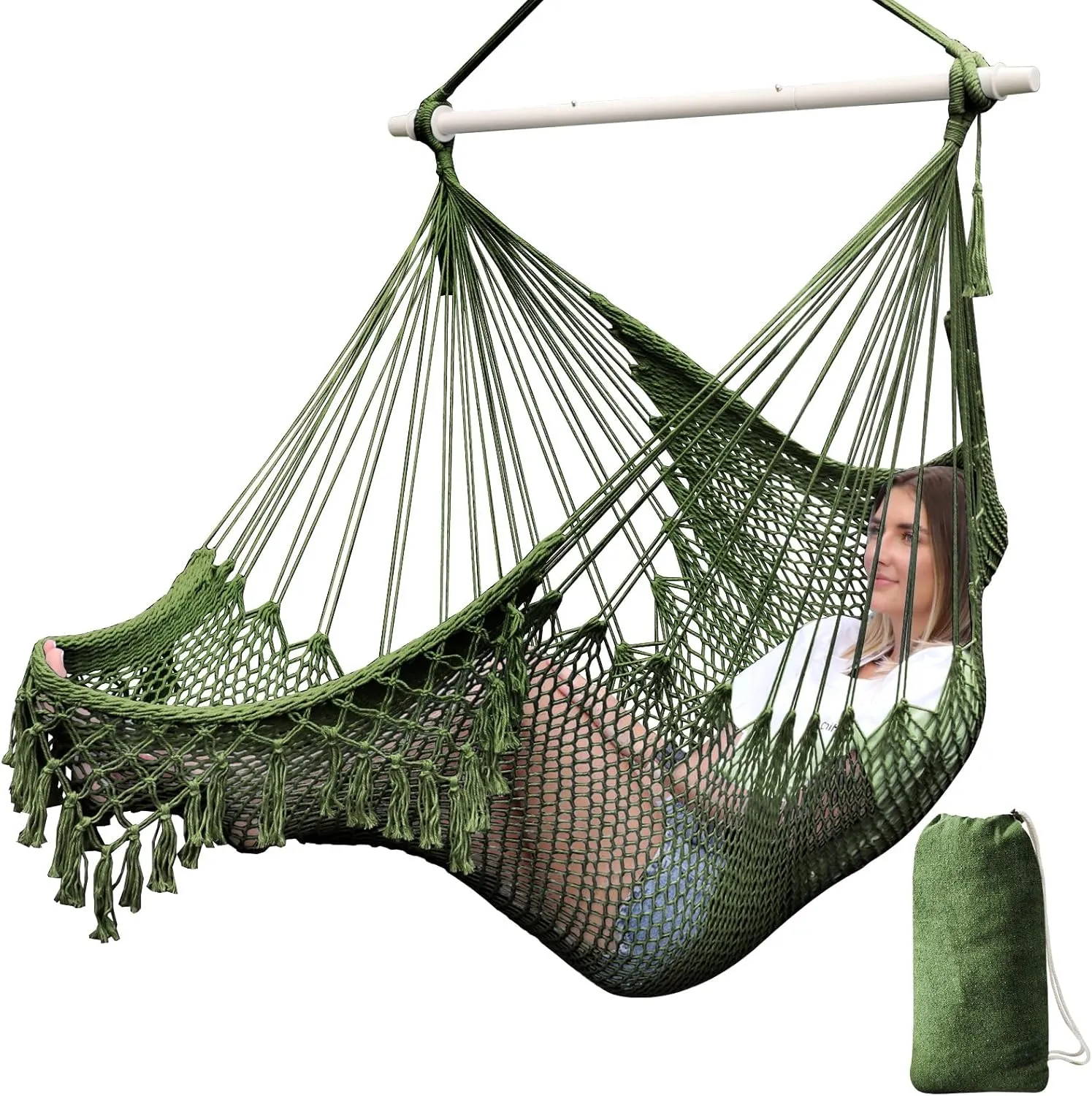 Chihee Hammock Chair Super Large Hanging Chair Soft-Spun Cotton Rope Weaving Chair, Collapsible Strong Metal Spreader Bar Wide Seat Lace Stretch Swing Chair Indoor Outdoor Garden Yard Theme Decoration