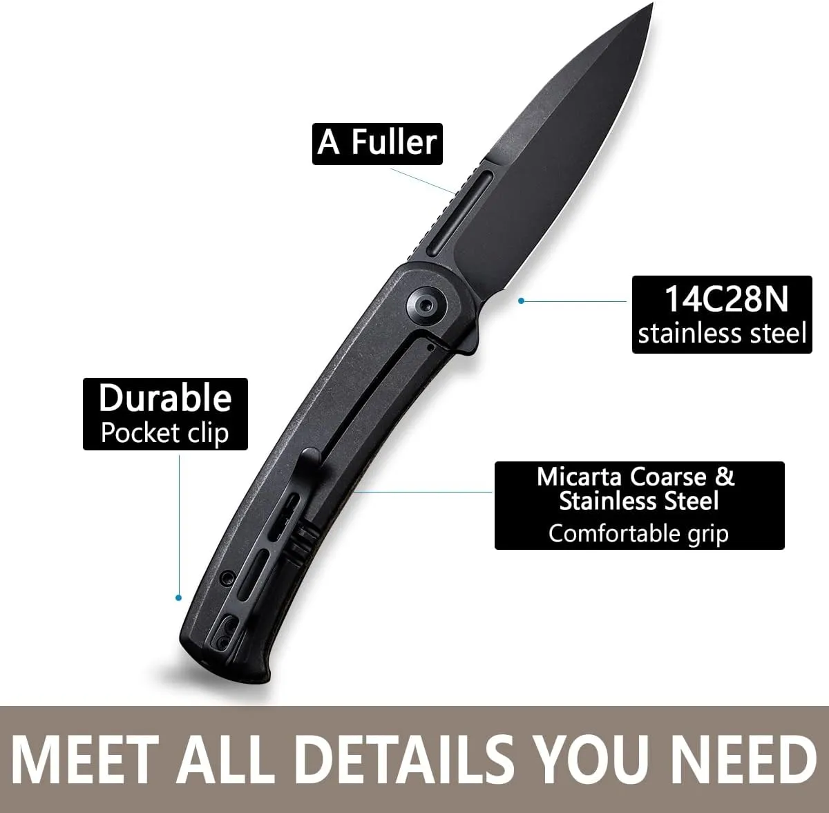 CIVIVI Cetos Folding Knife, 3.48-in 14C28N Blade Spear Point with Coarse Micarta Scale Flipper Knife Frame Lock, Pocket EDC Outdoor Knives for Camping, Hiking, Hunting C21025B-3